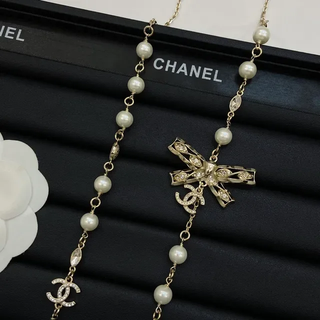 Chanel Bow Pearl Rosary Chain Necklace 5
