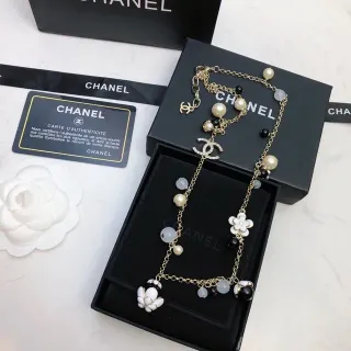 Chanel Camellia Charm Necklace Gold Tone Pearl and Resin Bead Necklace
