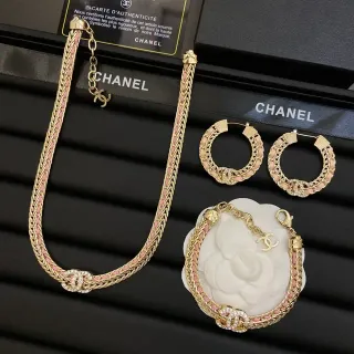 Chanel Camellia Gold Pink Braided Chain Woven Accents Necklace