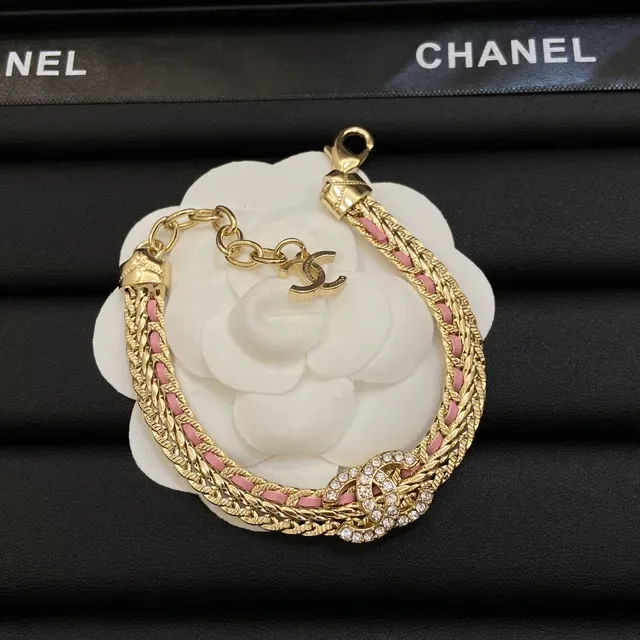 Chanel Camellia Gold Pink Braided Chain Woven Accents Necklace 3