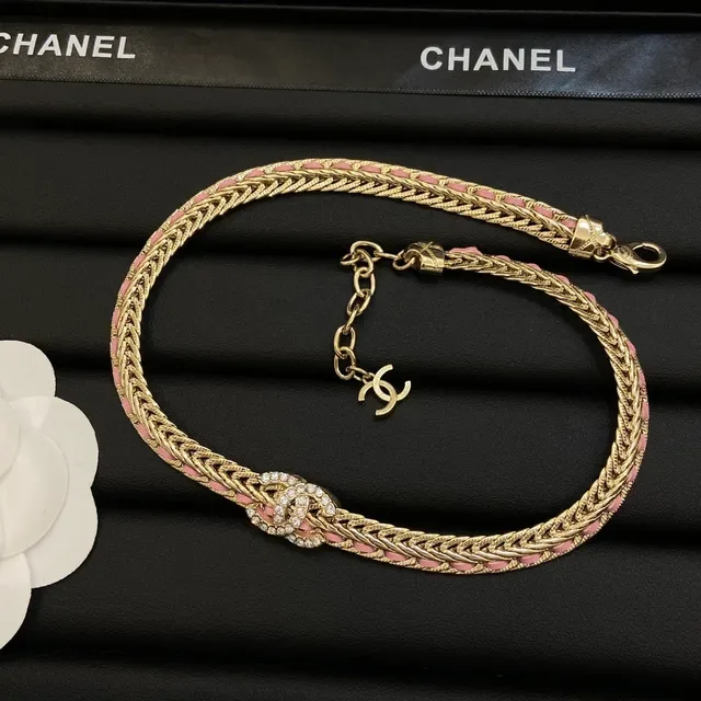 Chanel Camellia Gold Pink Braided Chain Woven Accents Necklace 4