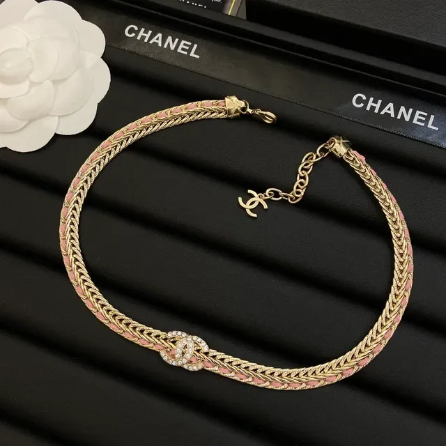 Chanel Camellia Gold Pink Braided Chain Woven Accents Necklace 7