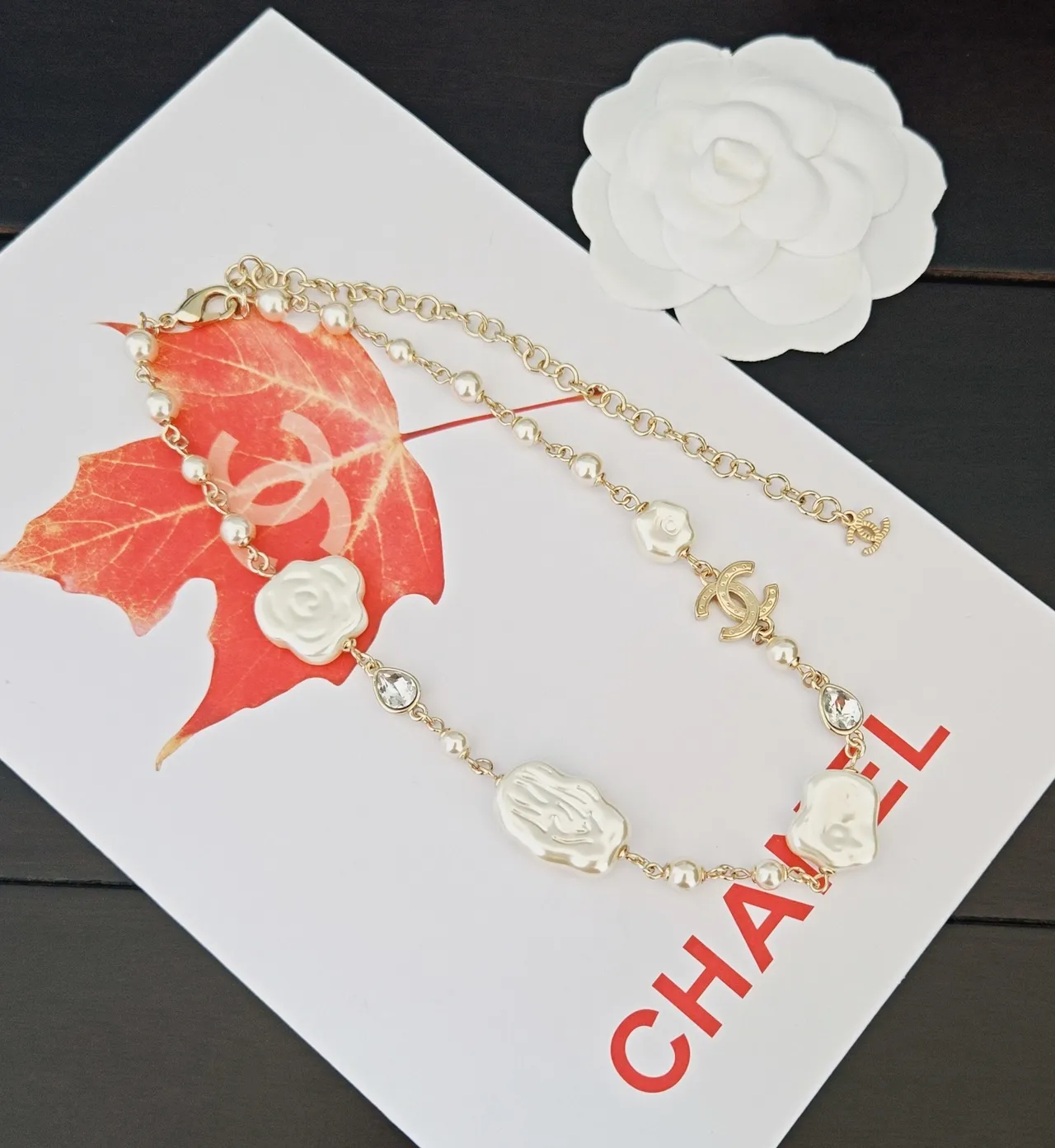 Chanel Camellia Pearl Necklace Gold White Chain Baroque Pearls Necklace 2
