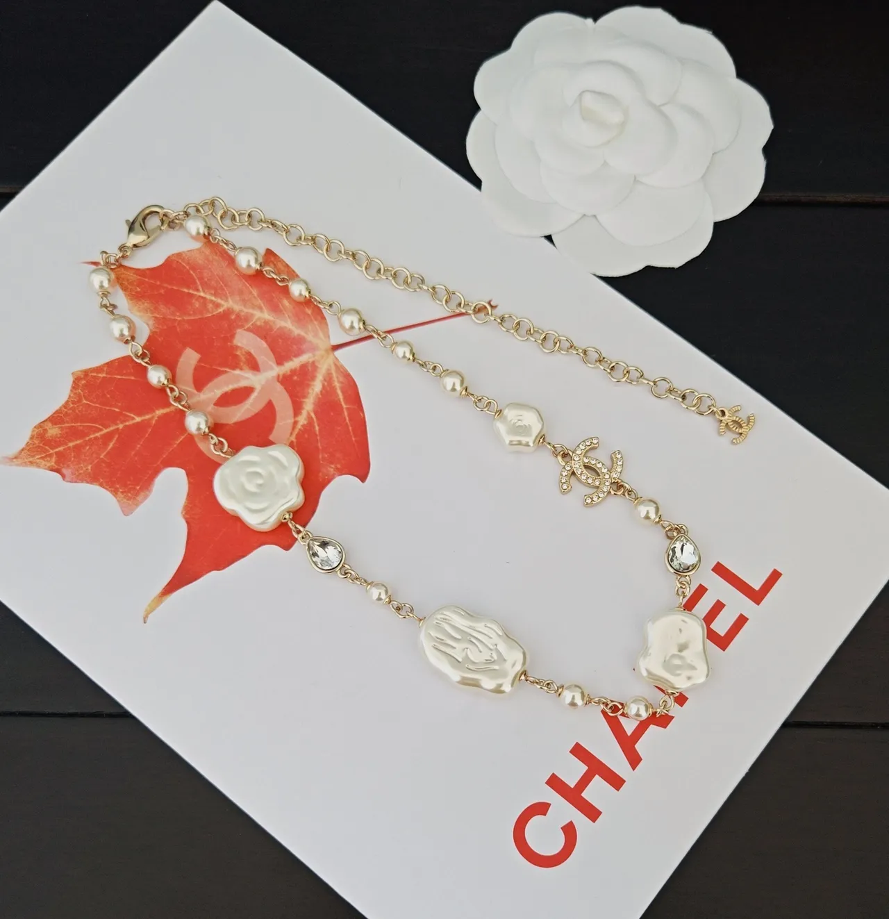 Chanel Camellia Pearl Necklace Gold White Chain Baroque Pearls Necklace 3
