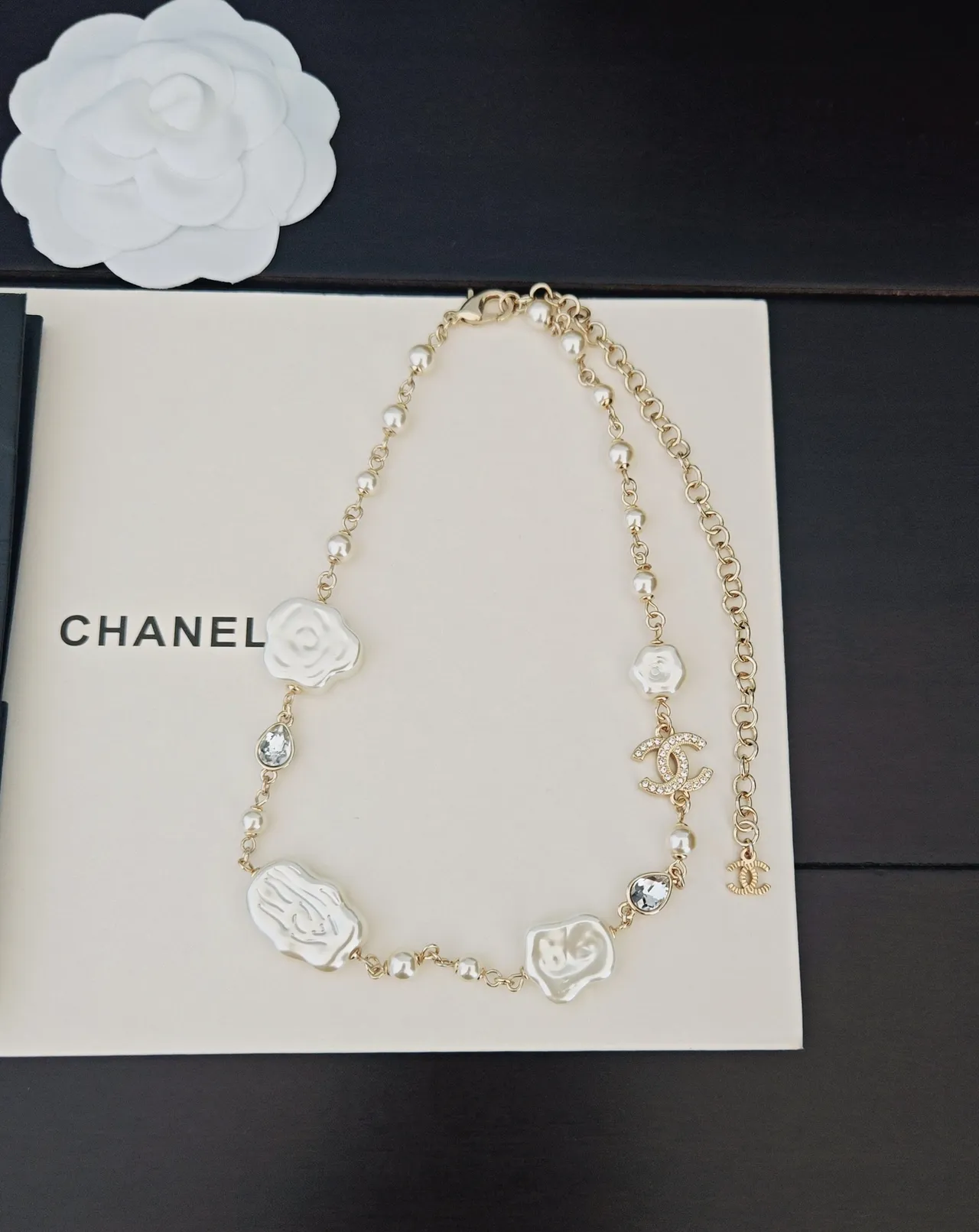Chanel Camellia Pearl Necklace Gold White Chain Baroque Pearls Necklace 4