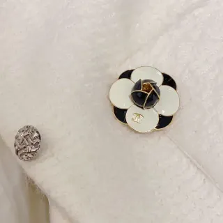 Chanel Camellia White Black Enamel Gold-Tone Metal Brooch