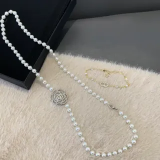Chanel Camellia White Silver Pearl Strand Pendant Necklace
