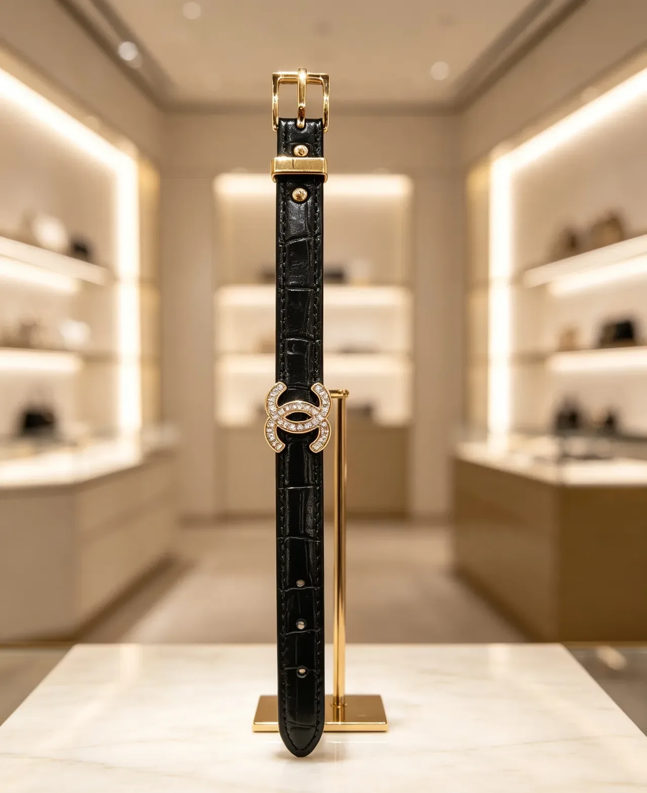 Chanel CC Belt Black Gold Narrow Strap Crystal-Embellished Buckle Leather Belt 10