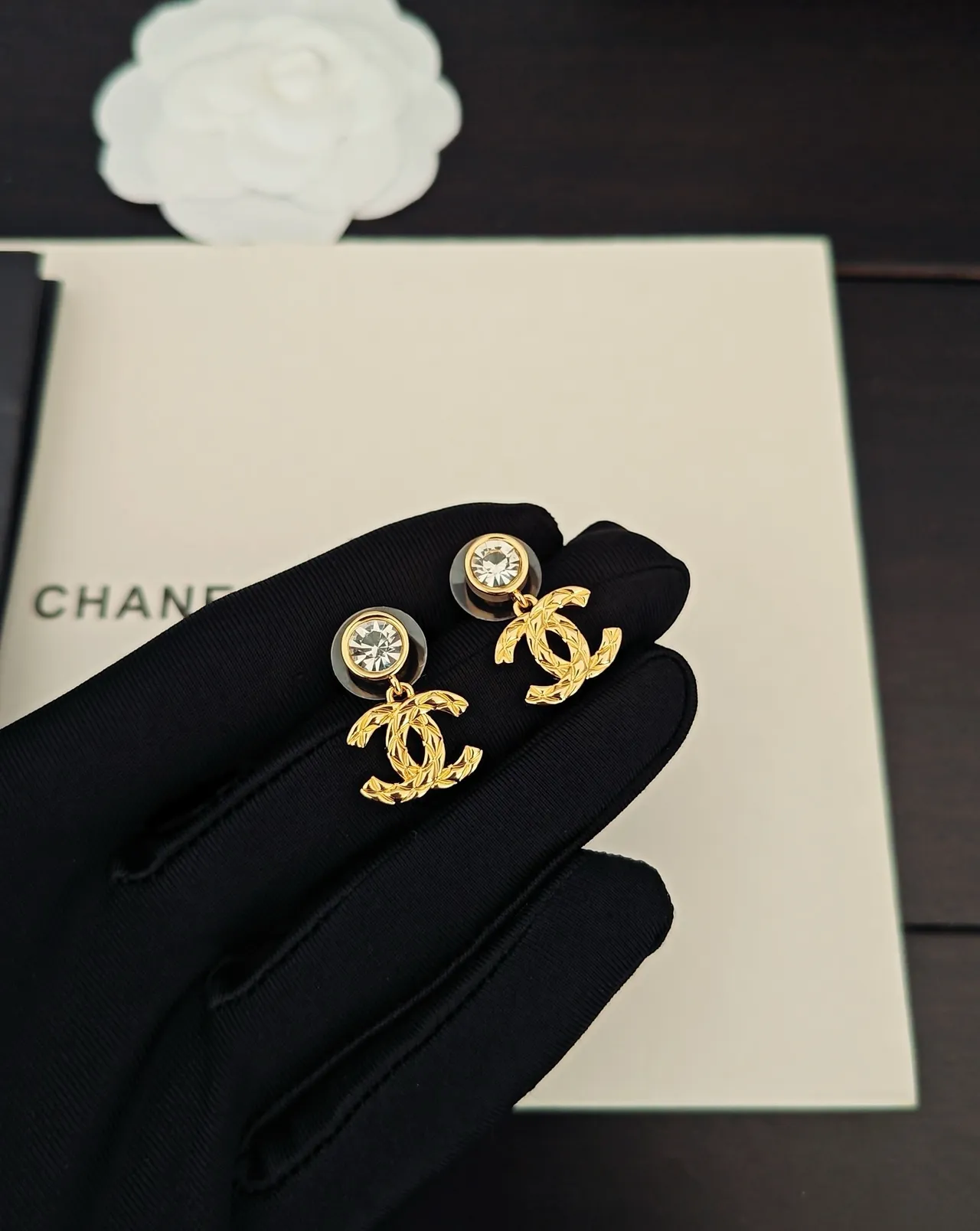 Chanel CC Drop Gold Black Crystal-Studded Earrings 2