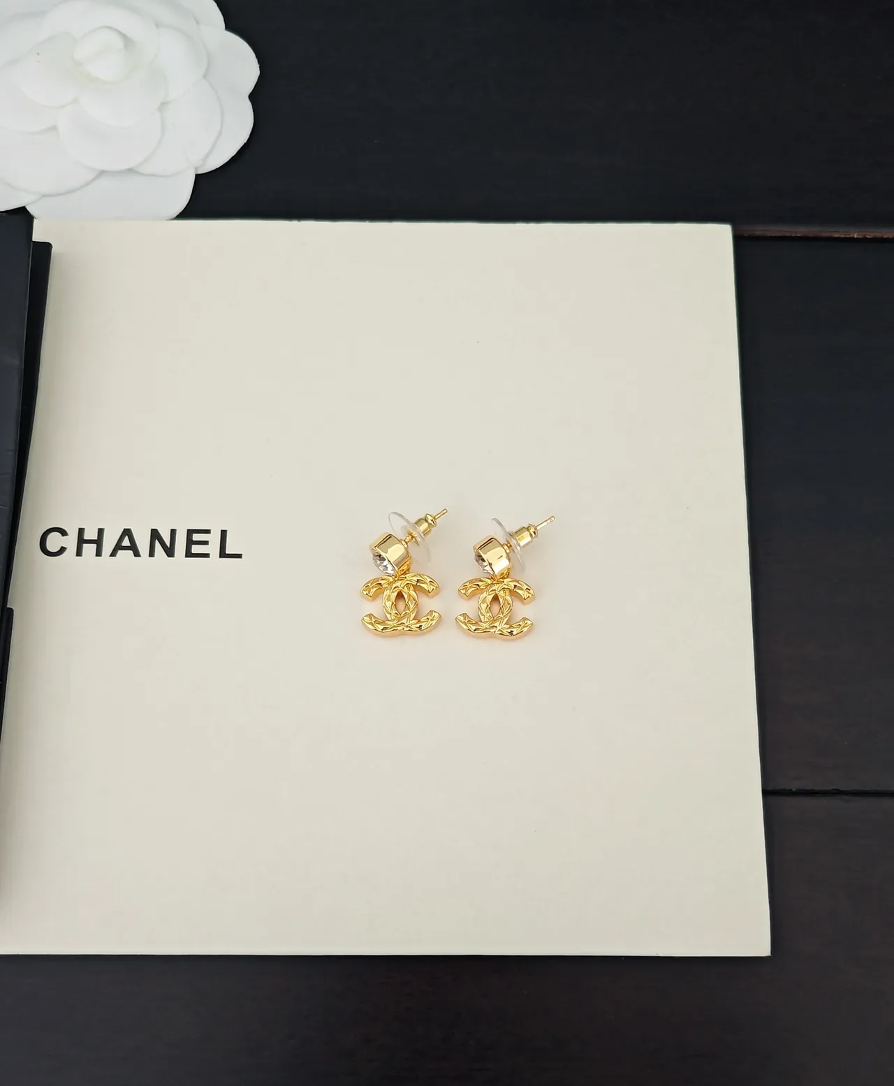 Chanel CC Drop Gold Black Crystal-Studded Earrings 5