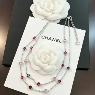 Chanel CC Logo and Pink Gemstone Double-Strand Necklace