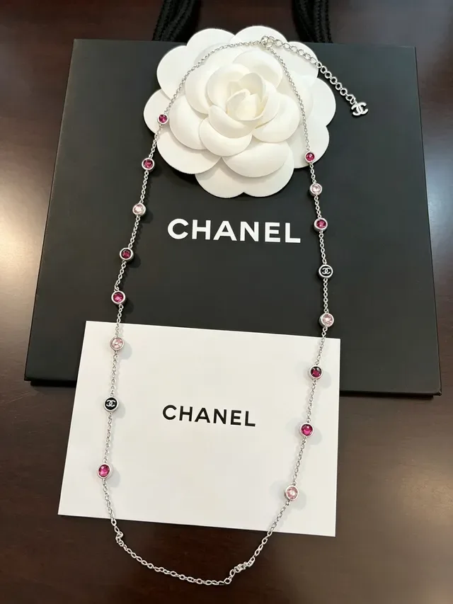 Chanel CC Logo e colar gemas rosadas dupla corrente 3