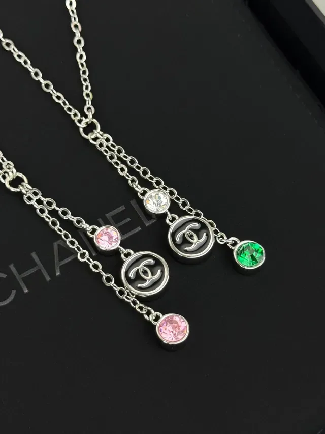 Chanel CC Logo Layered Necklace Silver Green Chain Interlocking Necklace 5