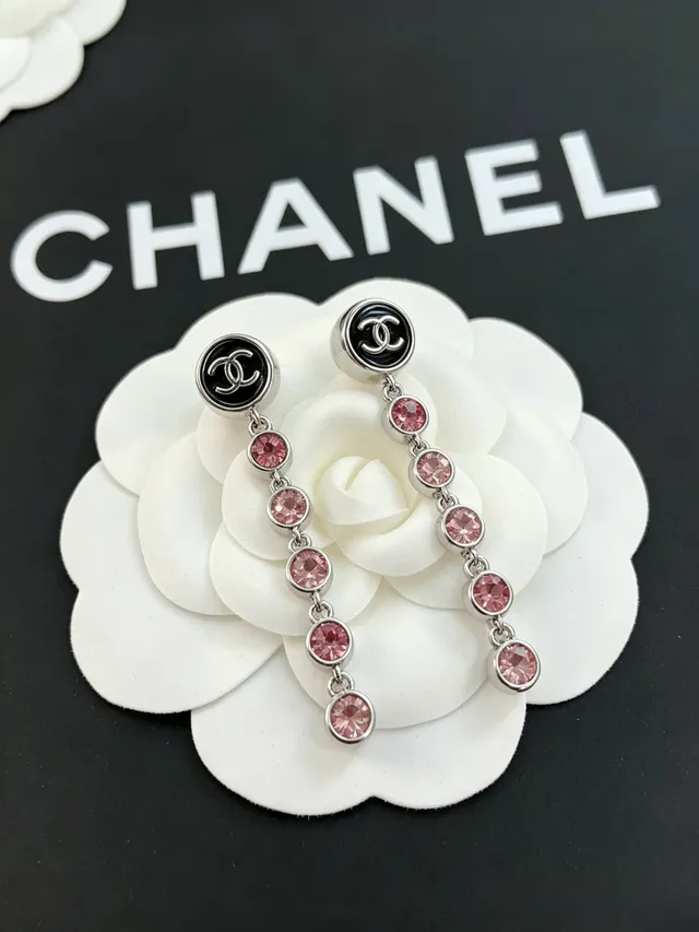 Chanel CC Logo Pink Crystal Drop Earrings 3