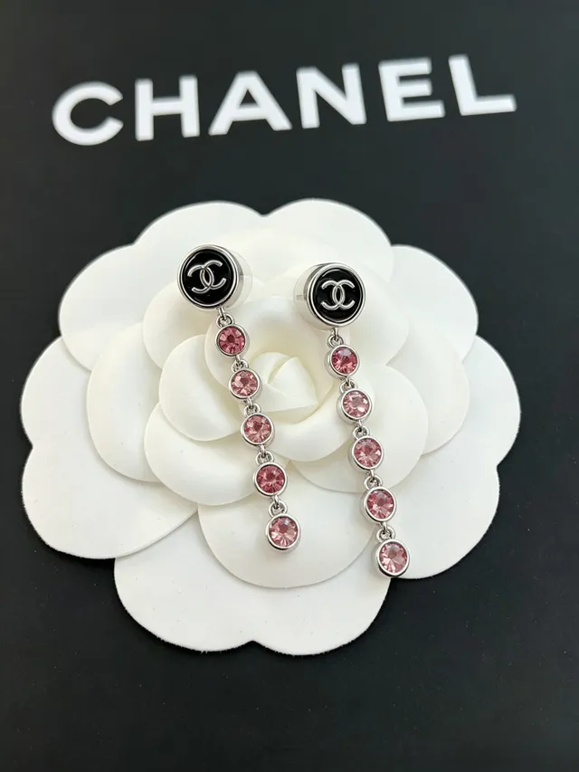 Chanel CC Logo Pink Crystal Drop Earrings 4