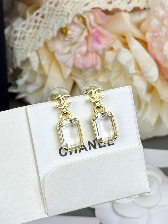 Chanel CC Logo Rectangular Crystal Drop Earrings 2