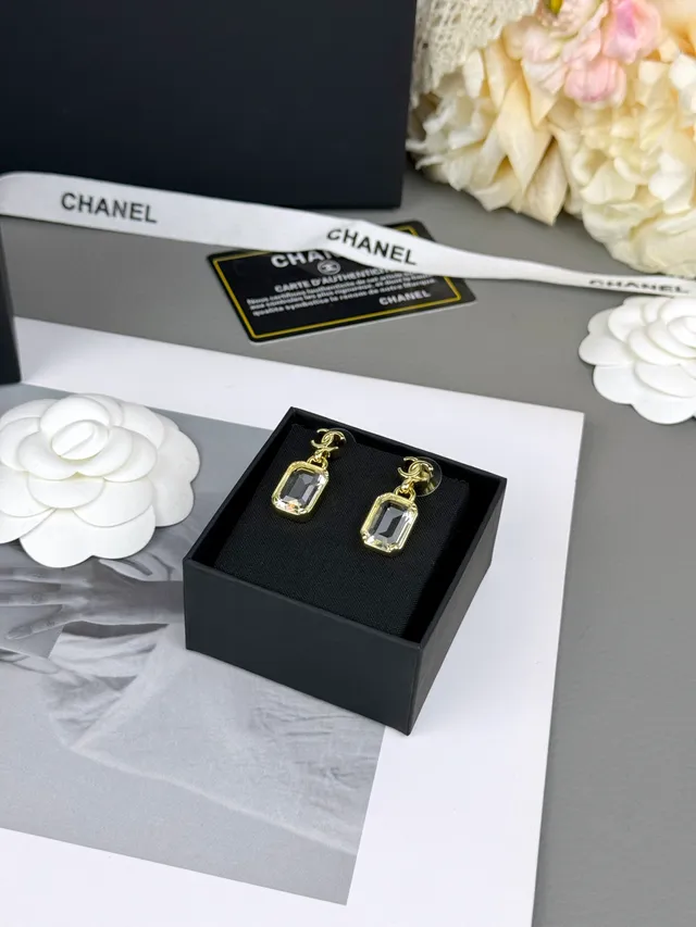 Chanel CC Logo Rectangular Crystal Drop Earrings 5