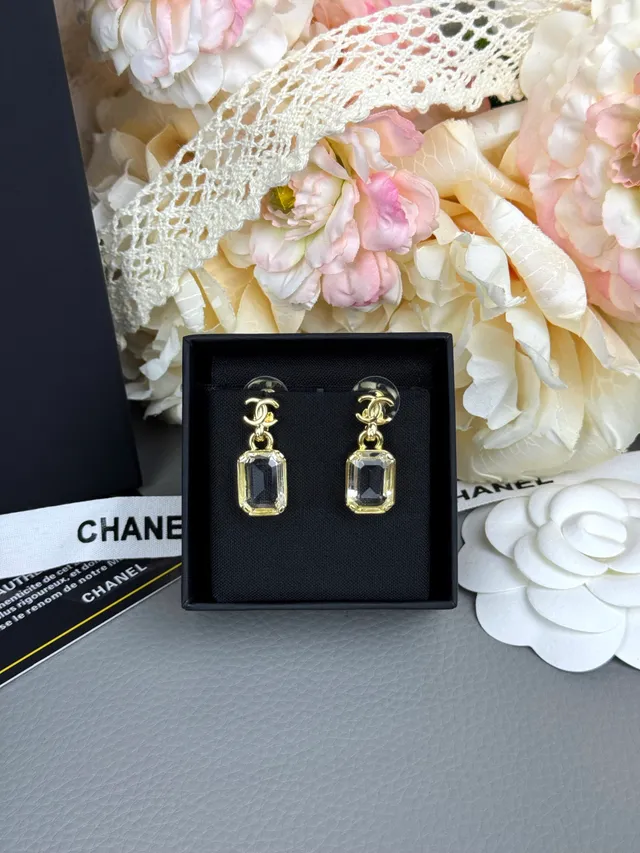 Chanel CC Logo Rectangular Crystal Drop Earrings 8