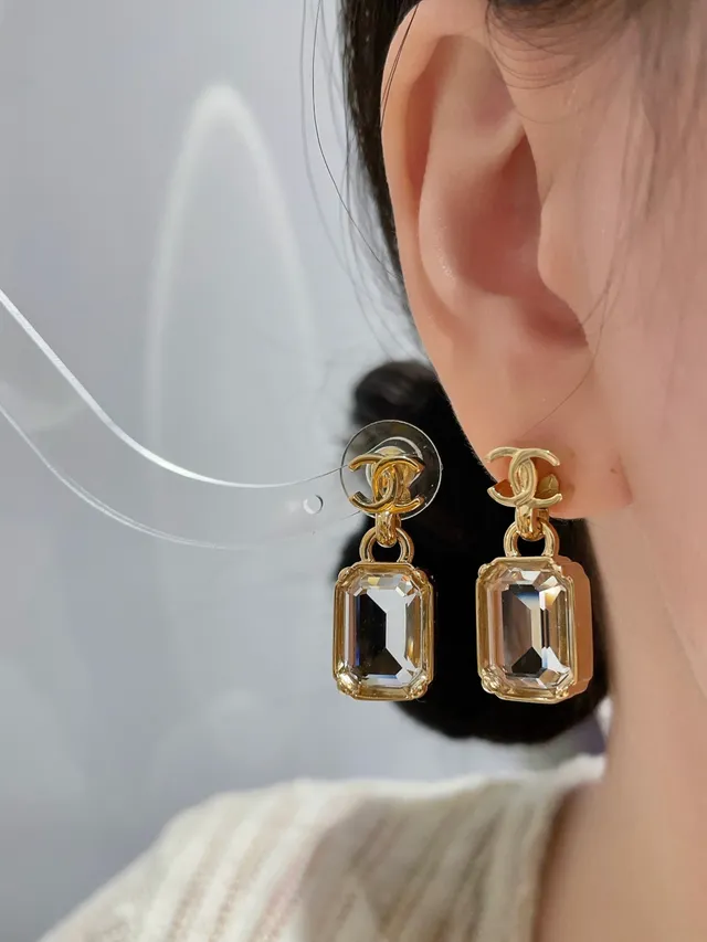 Chanel CC Logo Rectangular Crystal Drop Earrings 9