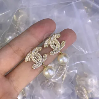 Chanel CC Pearl Crystal Dangling Earrings