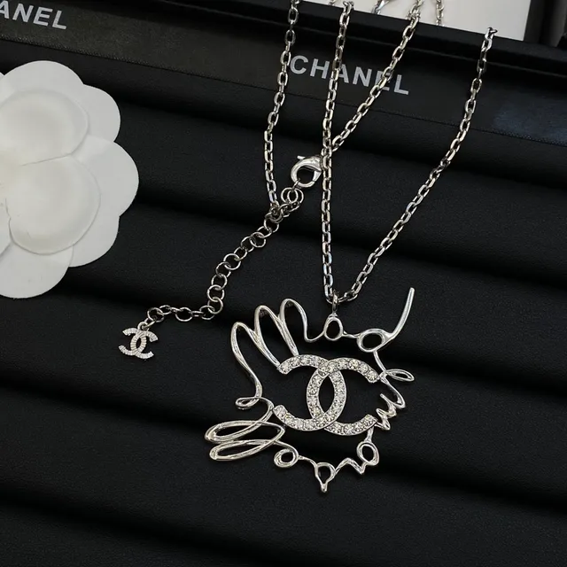 Chanel CC Sketch Silver Gold Abstract Pendant Pavé-Set Interlocking Logo Necklace 3