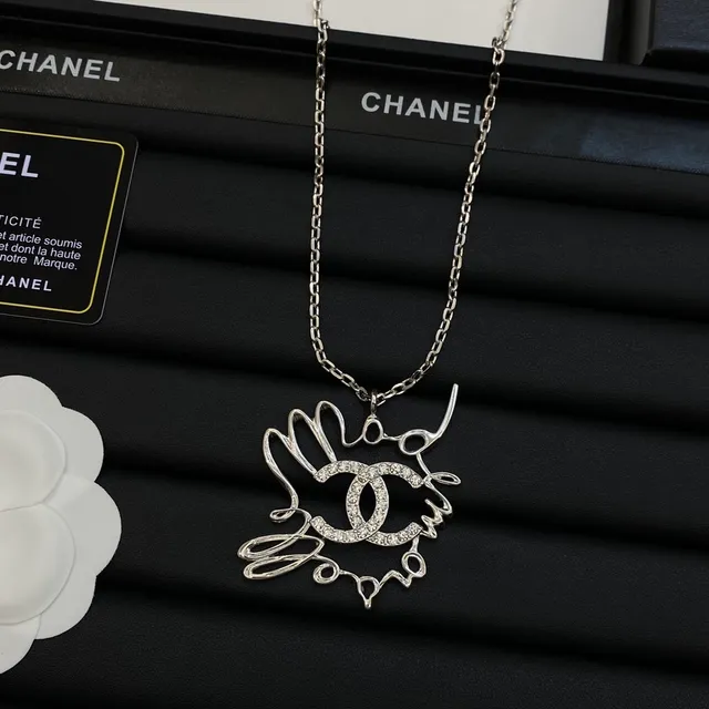 Chanel CC Sketch Silver Gold Abstract Pendant Pavé-Set Interlocking Logo Necklace 5