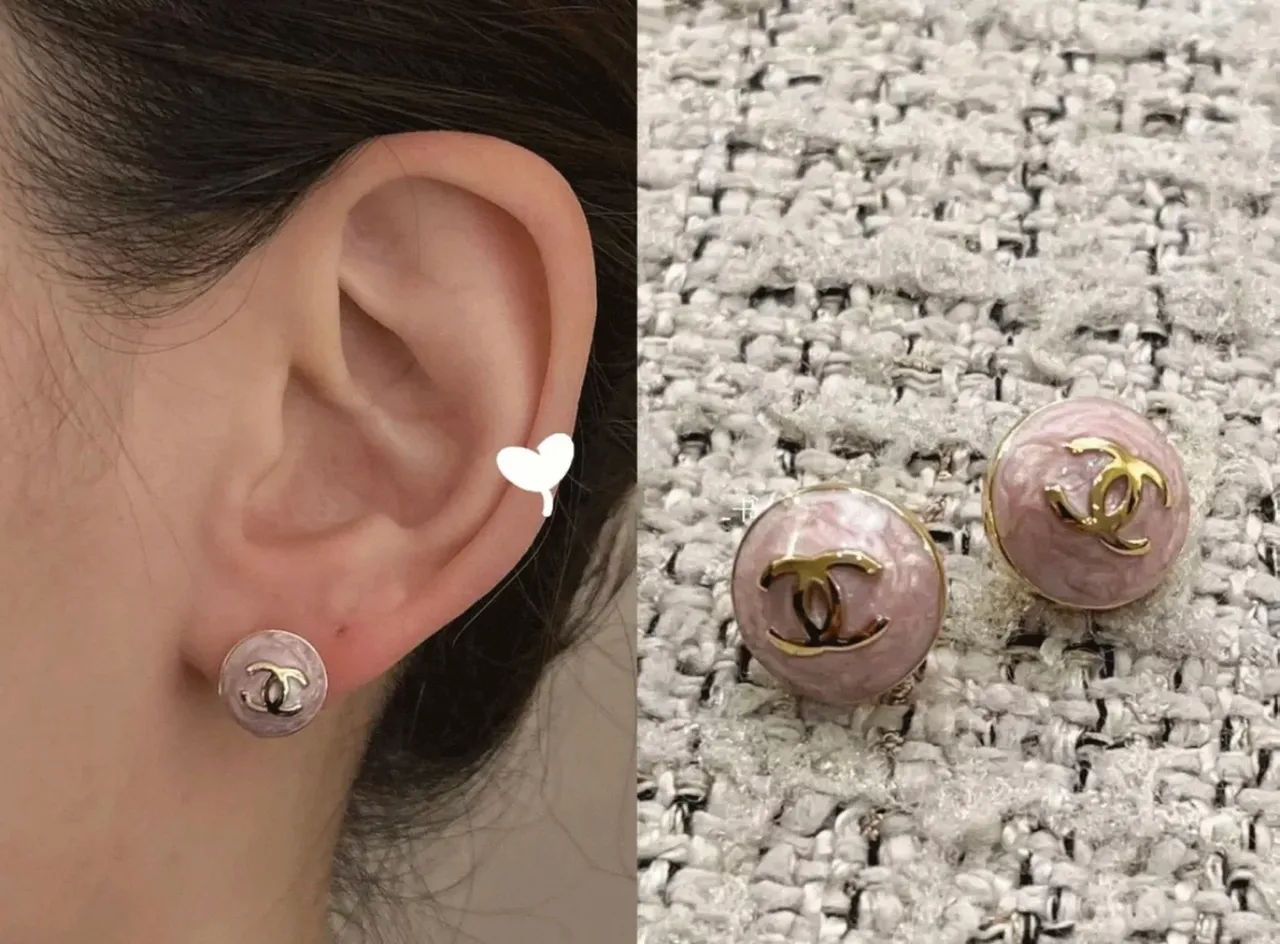 Chanel CC Stud Pink Gold Round Enamel Face Earrings 2