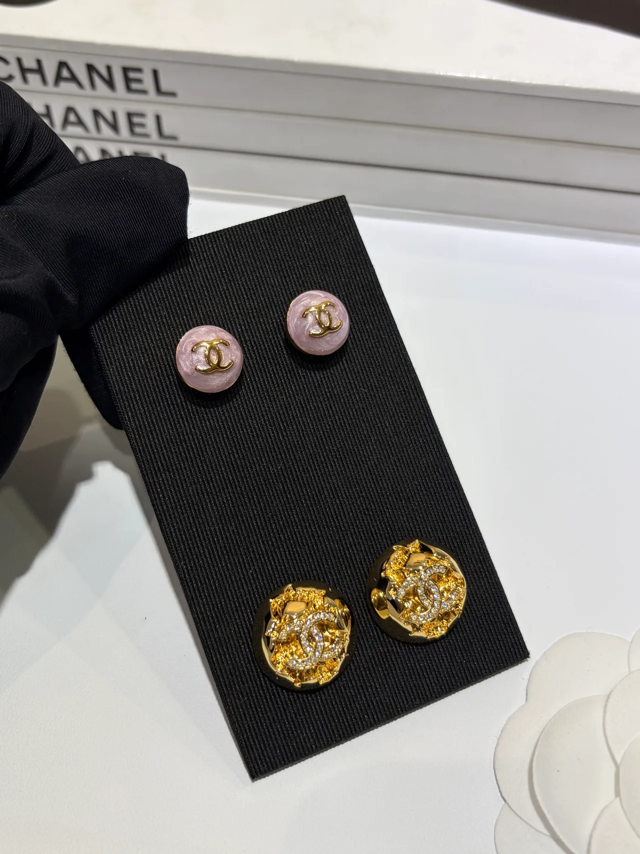 Chanel CC Stud Pink Gold Round Enamel Face Earrings 3