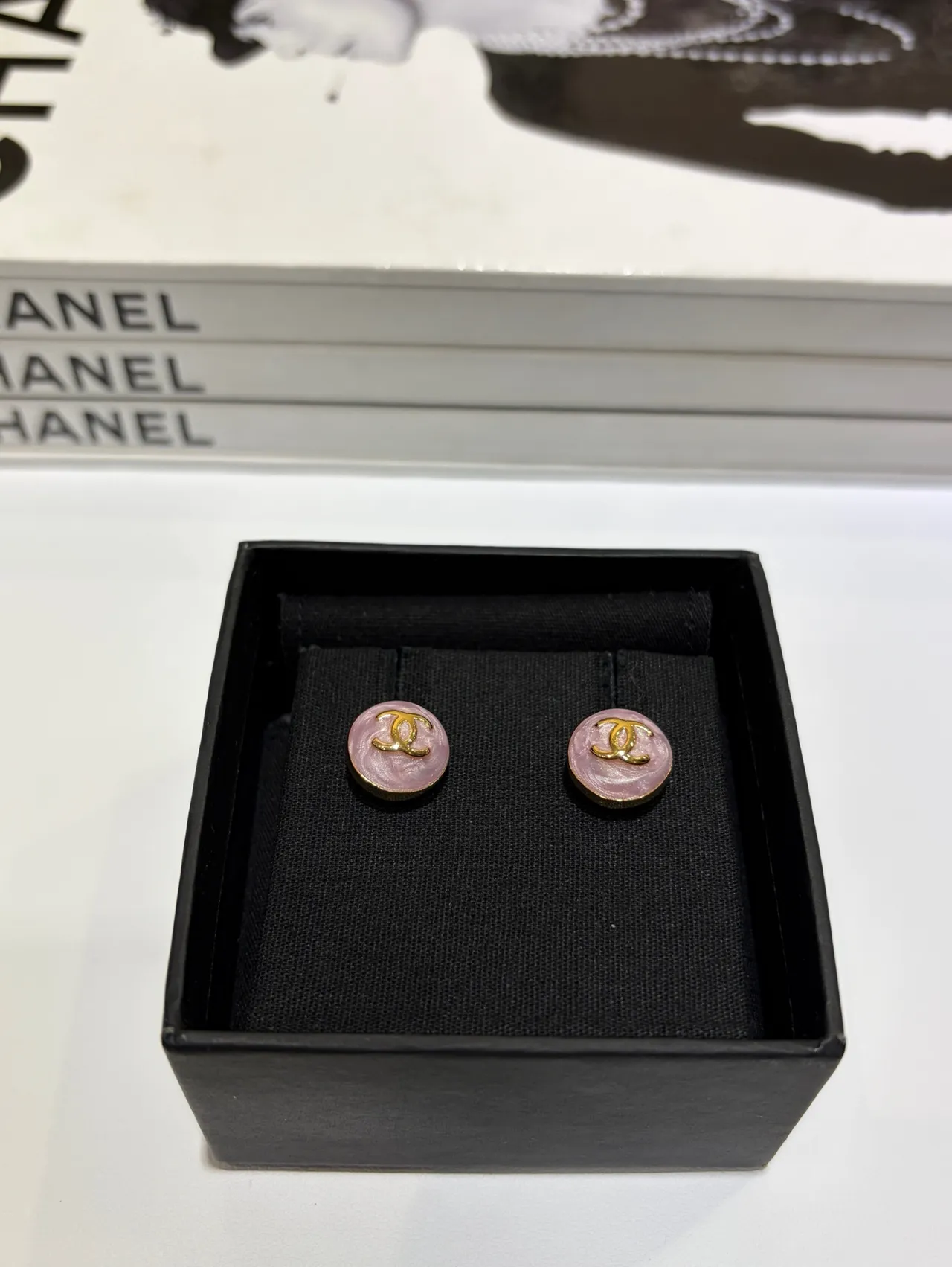 Chanel CC Stud Pink Gold Round Enamel Face Earrings 4