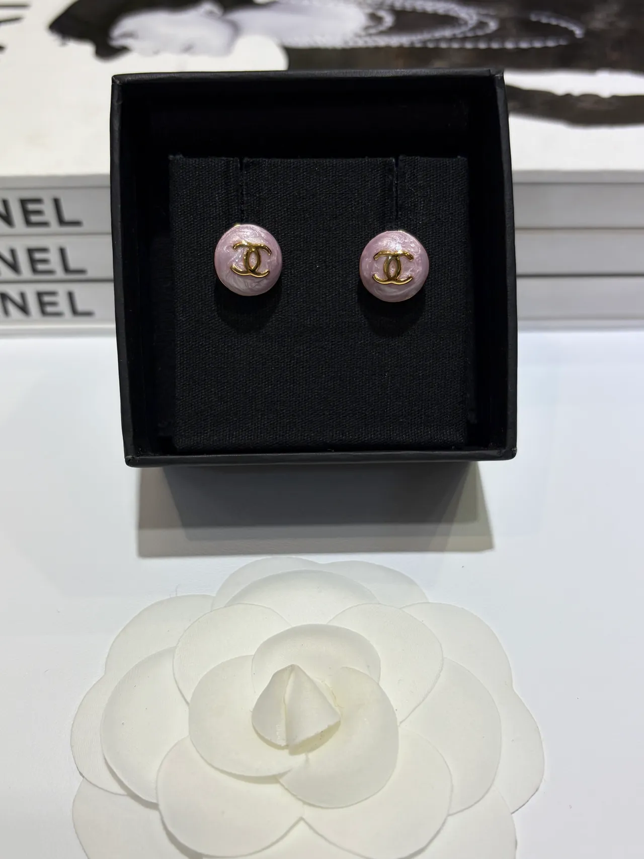 Chanel CC Stud Pink Gold Round Enamel Face Earrings 5