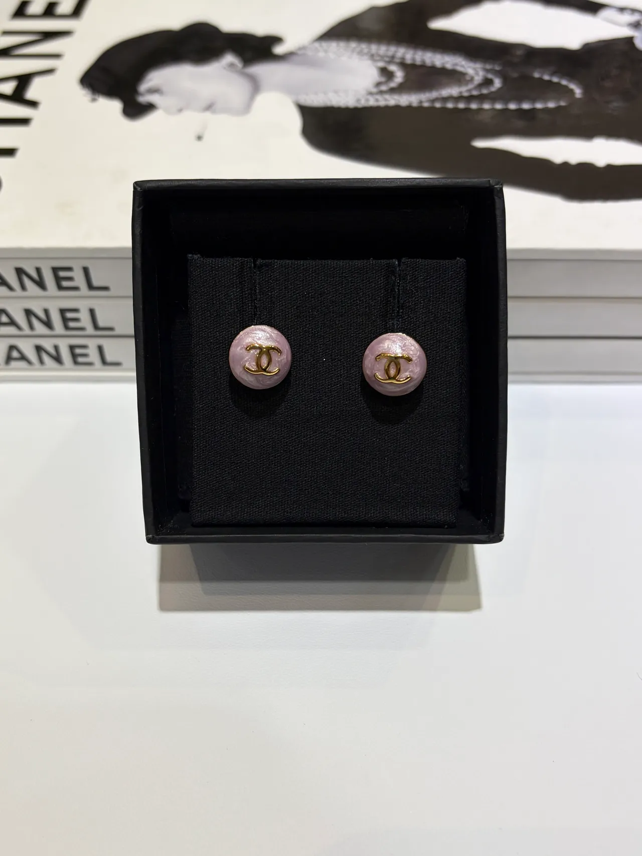 Chanel CC Stud Pink Gold Round Enamel Face Earrings 6