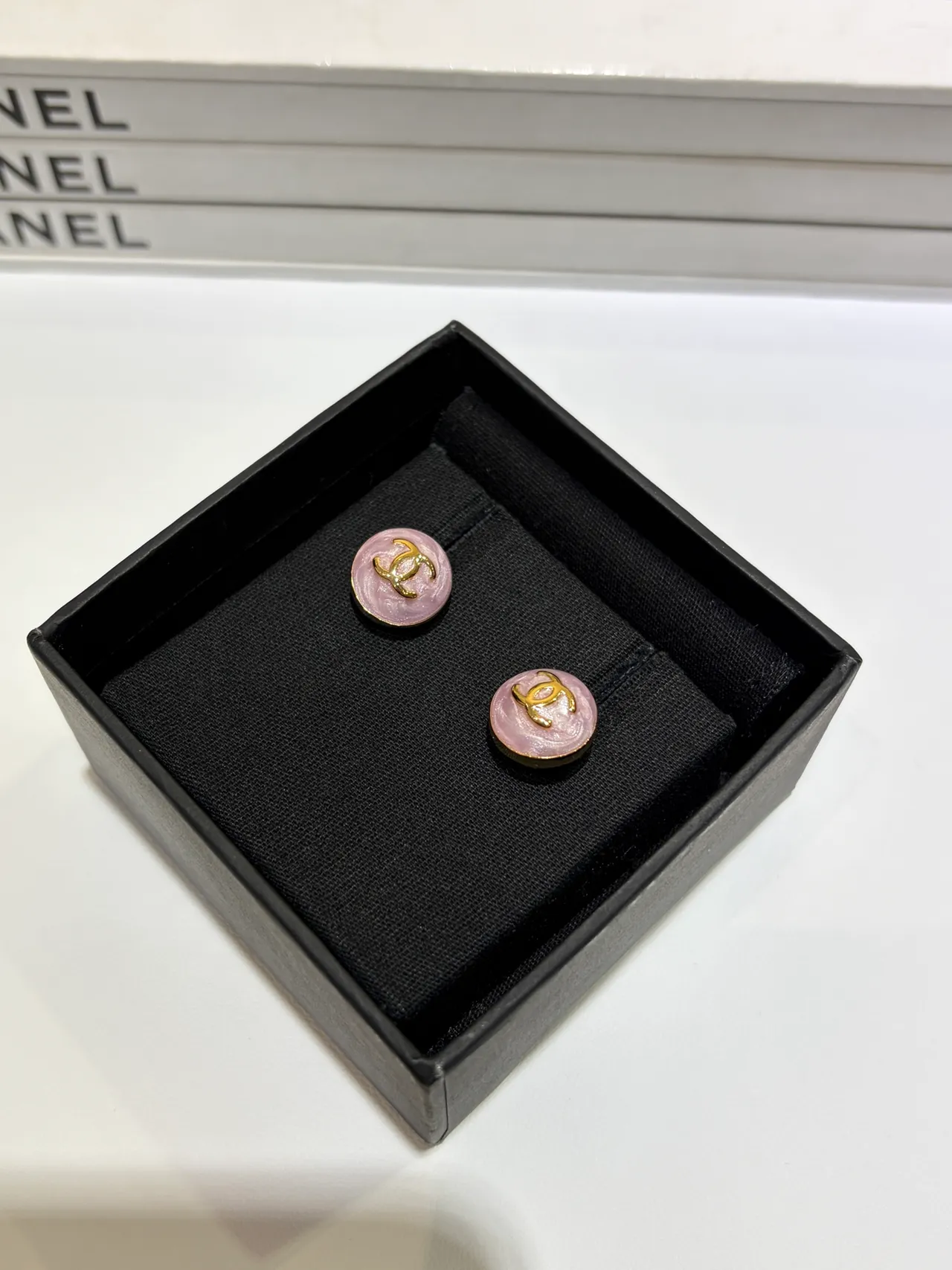 Chanel CC Stud Pink Gold Round Enamel Face Earrings 7