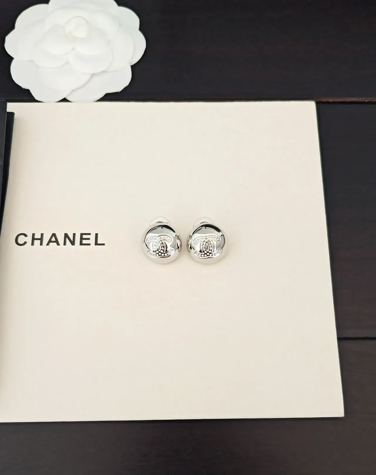 Chanel CC Stud Silver Round Pavé Crystal-Embellished Earrings 5