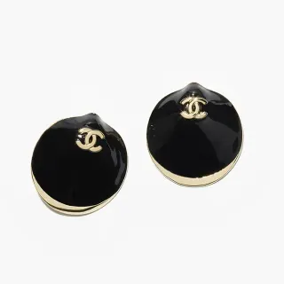 Chanel 嵌壳 黑色珐琅 金色耳环