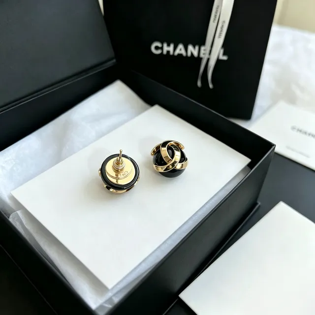 Chanel Classic CC Ball Stud Black Gold Spherical Studs Interlocking Motif Earrings 2