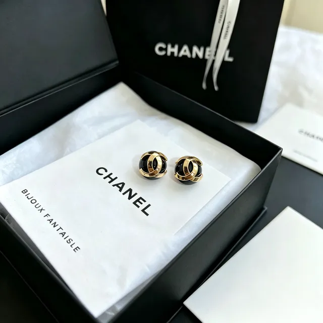 Chanel Classic CC Ball Stud Black Gold Spherical Studs Interlocking Motif Earrings 5