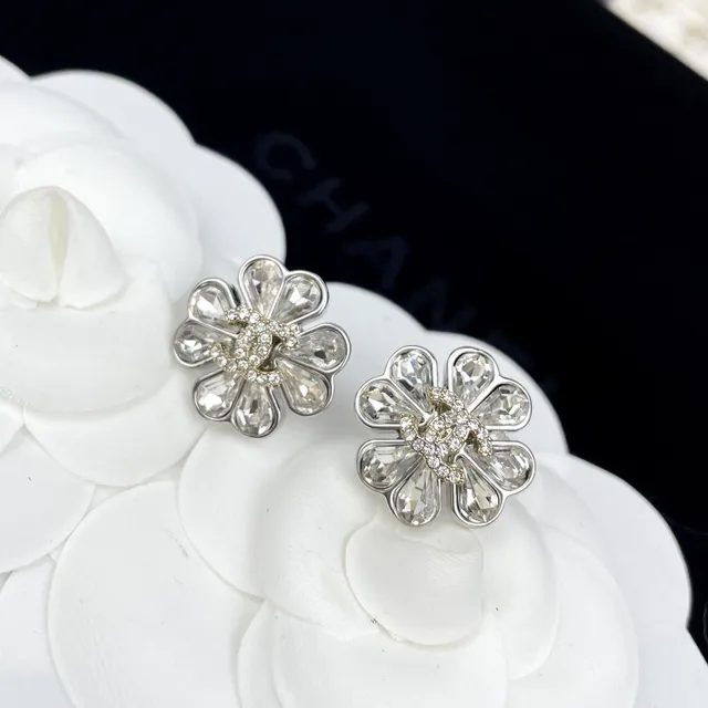 Chanel Flower-Shape Crystal CC Logo Earrings 2
