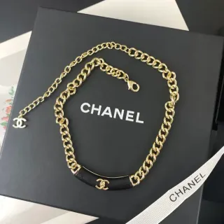 Chanel Gold Black Curb Chain Leather Bar Necklace