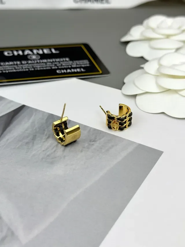 Chanel Gold Black Metal Leather-Wrapped Chain Earrings 2