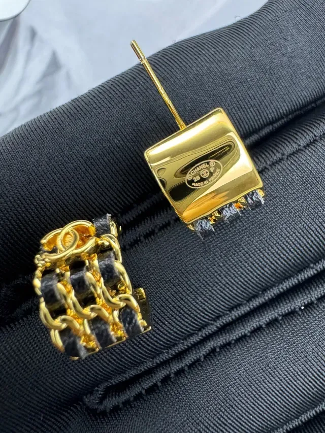 Chanel Gold Black Metal Leather-Wrapped Chain Earrings 3