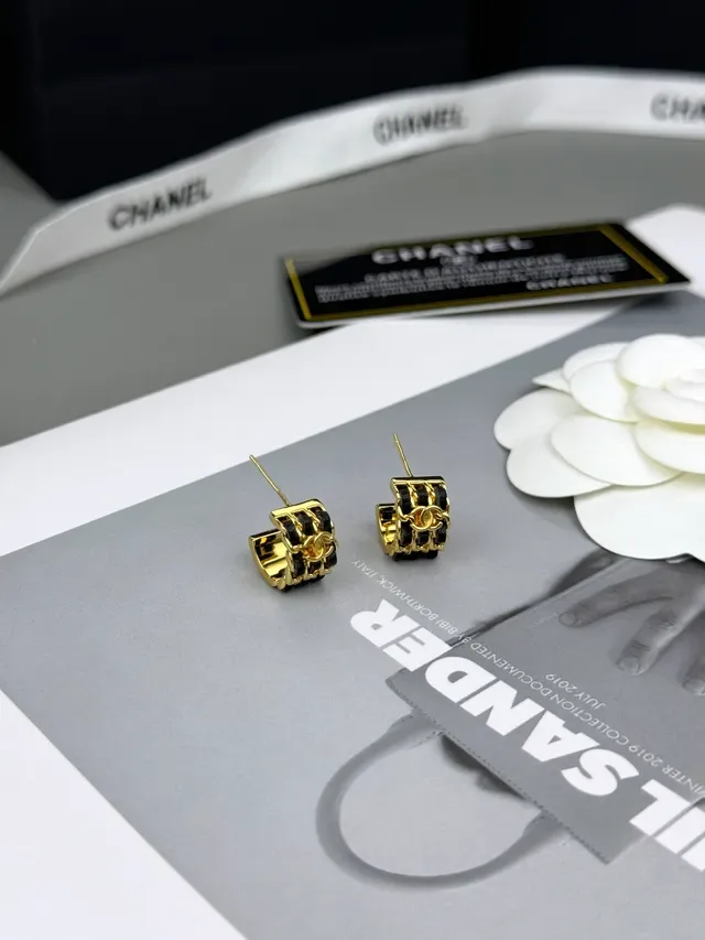 Chanel Gold Black Metal Leather-Wrapped Chain Earrings 4