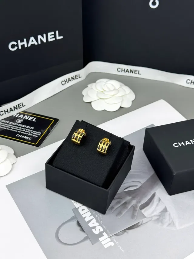 Chanel Gold Black Metal Leather-Wrapped Chain Earrings 6