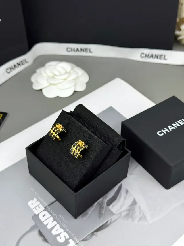 Chanel Gold Black Metal Leather-Wrapped Chain Earrings 7