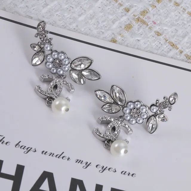 Chanel Gold Silver Floral Motif Pearl Drop Earrings 3