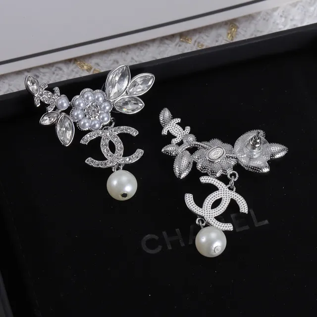 Chanel Gold Silver Floral Motif Pearl Drop Earrings 4