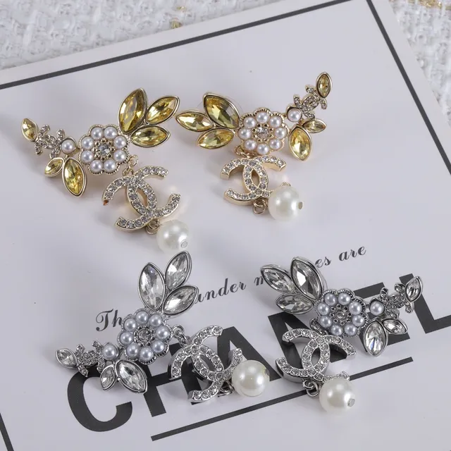 Chanel Gold Silver Floral Motif Pearl Drop Earrings 6