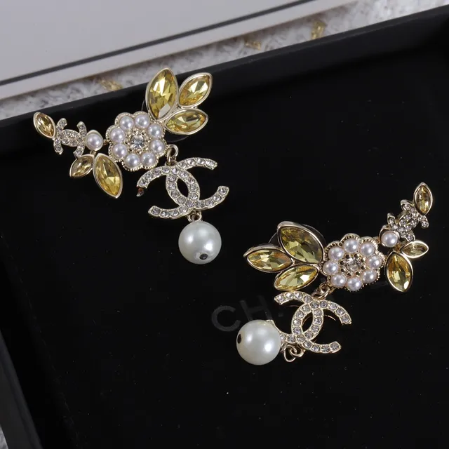 Chanel Gold Silver Floral Motif Pearl Drop Earrings 7