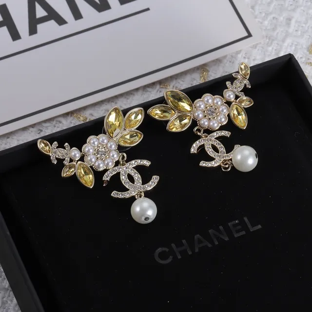 Chanel Gold Silver Floral Motif Pearl Drop Earrings 8