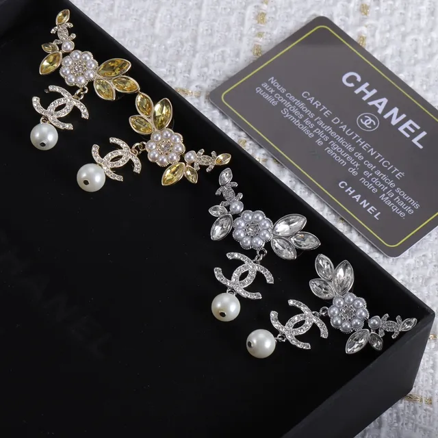 Chanel Gold Silver Floral Motif Pearl Drop Earrings 9