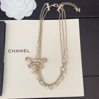 Chanel Gold White Multi-Strand Chain Crystal-Embellished Bow Pendant Necklace